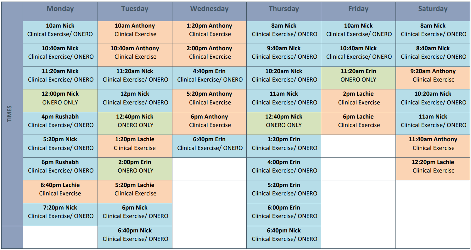 Elevate Physio Balwyn's class timetable for 2025