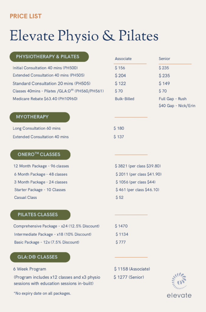 Price List for Elevate Physio Balwyn, updated July 2026